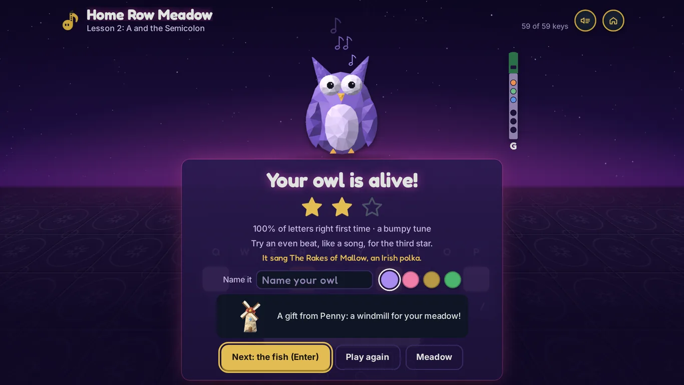 A purple low-poly owl comes alive above the card that says Your owl is alive, It sang The Rakes of Mallow, an Irish polka, with color swatches and Penny's gift of a pond.