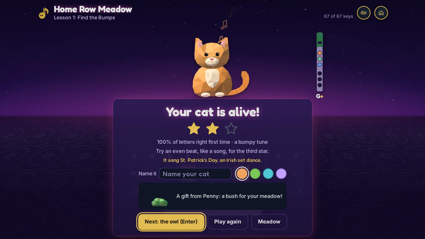 A low-poly orange cat sits in a purple night meadow above a card that says Your cat is alive, with two of three stars and the line It sang St. Patrick's Day, an Irish set dance.