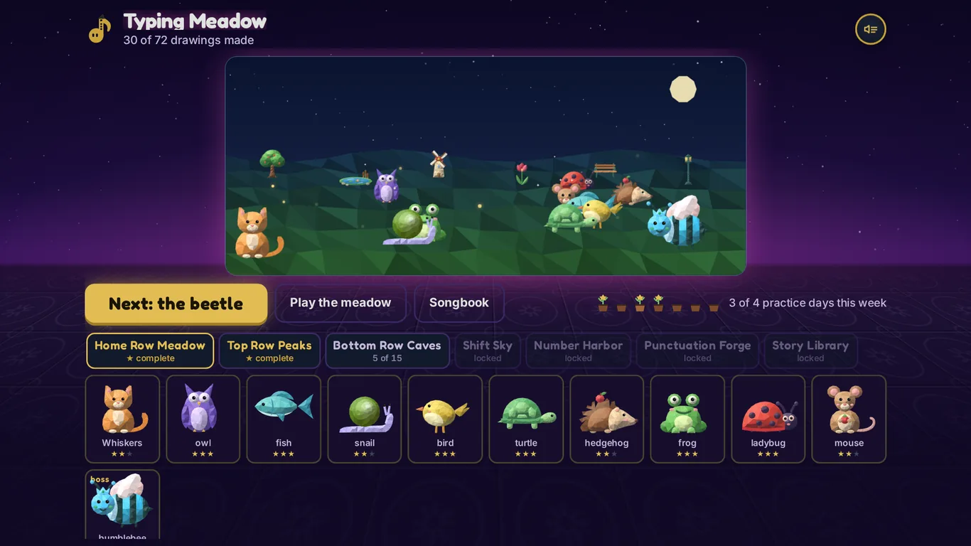 A grown meadow at night with a cat, an owl, a snail, a turtle, a frog and a bumblebee among a pond, a windmill and a bench, above the map of lessons.