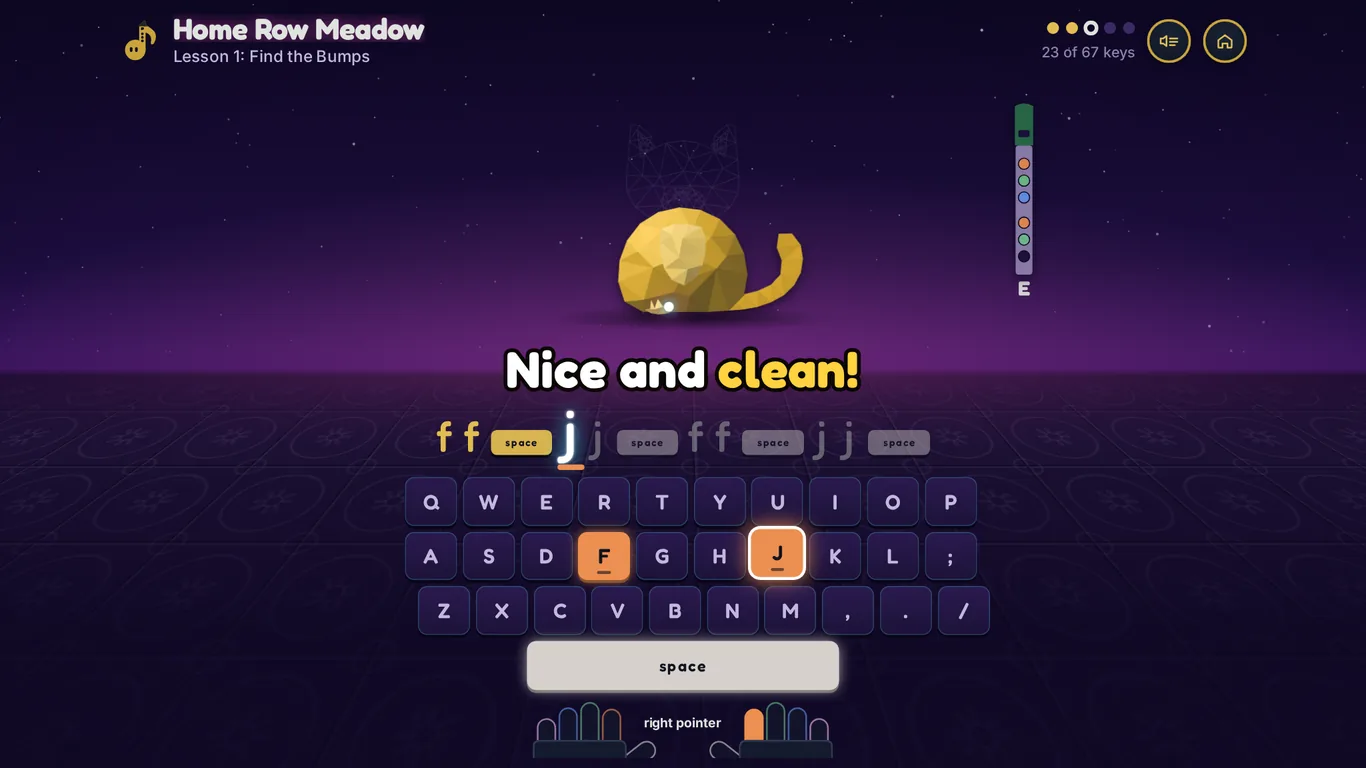 A lesson in progress: the letters f and j with little space bar keys between them, an on-screen keyboard with F and J lit orange, a half-built brass cat, and Penny's green whistle showing which holes to cover.